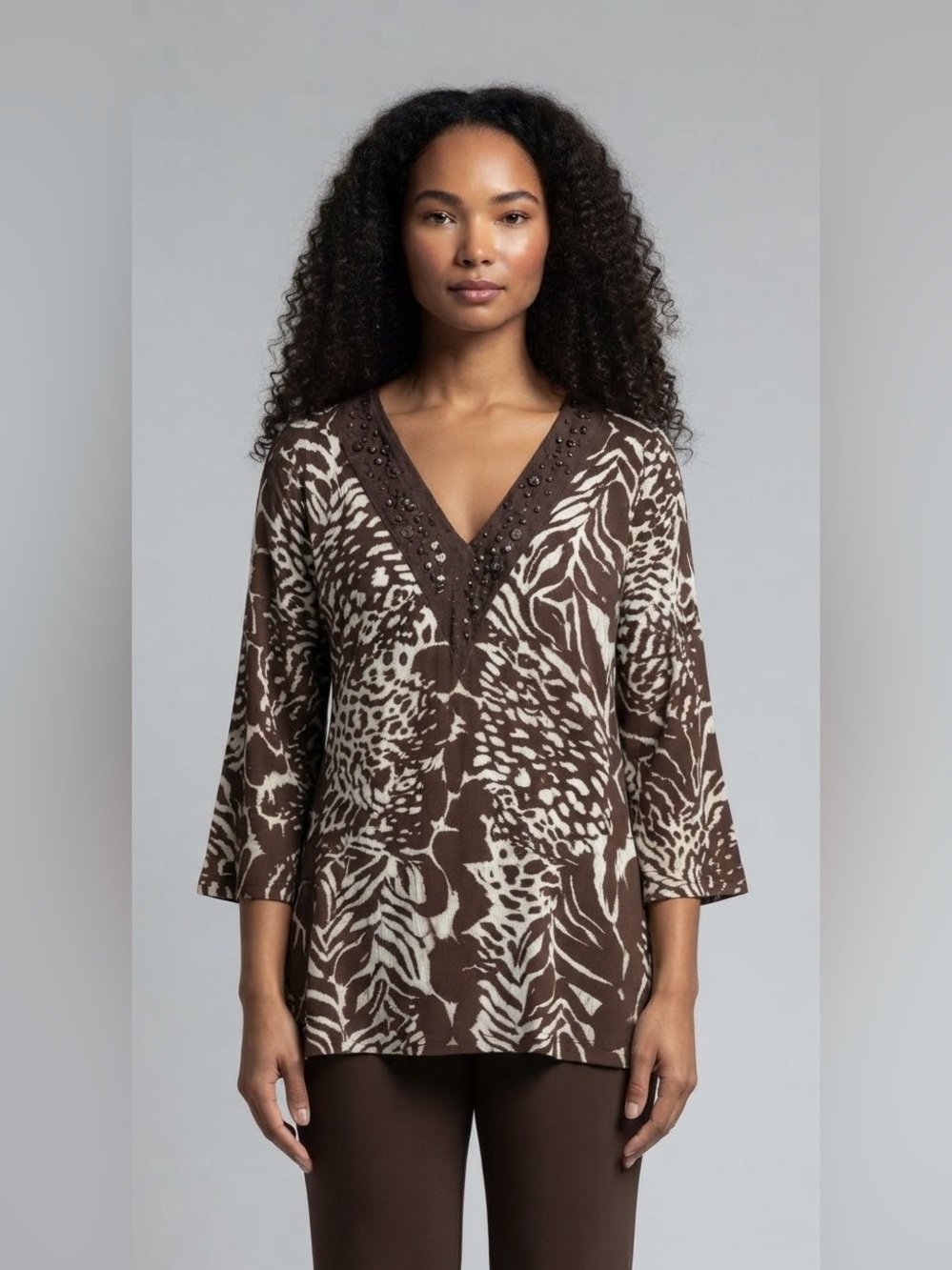 Vintage AVON Animal Print V-Neck Tunic M 20” p2p Brown/White EUC